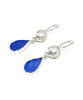 Blue Textured Sea Glass with Pearl Earrings
