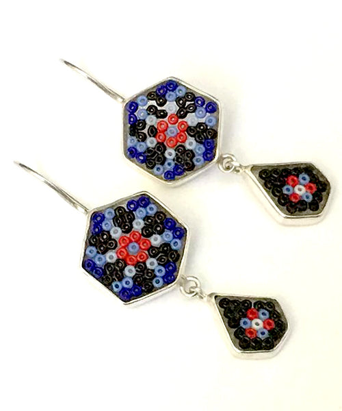 Black, Blue & Red Beaded Glass Double Drop Earrings