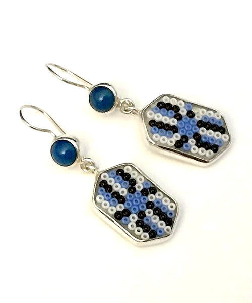 Blue & White Beaded Glass with Blue Agate Stone Double Drop Earrings