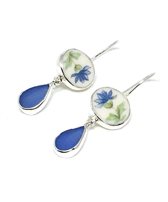 Blue Floral Vintage Pottery & Blue Sea Glass Double Drop Earrings