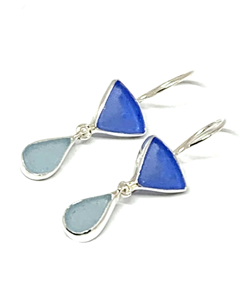 Blue and Light Aqua Sea Glass Double Drop Earrings