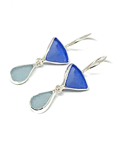 Blue and Light Aqua Sea Glass Double Drop Earrings