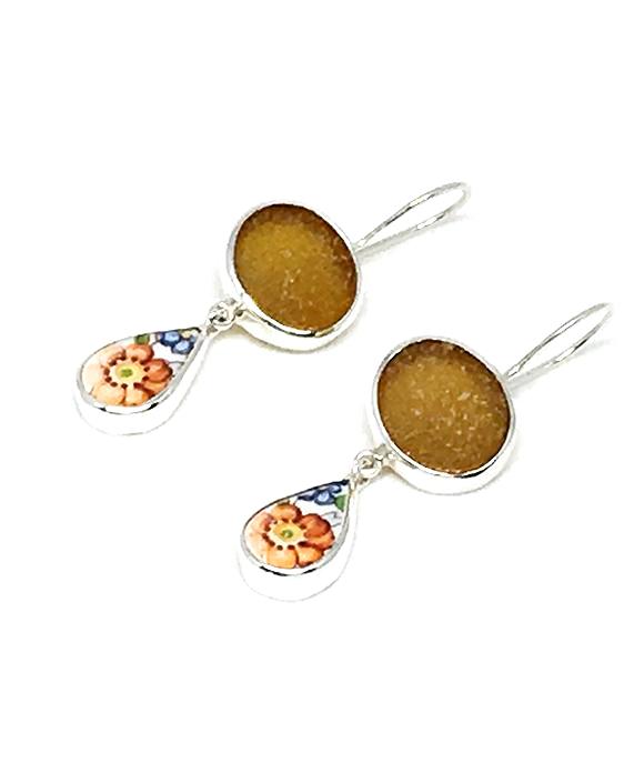 Dark Amber Sea Glass & Orange Flower Vintage Pottery Double Drop Earrings