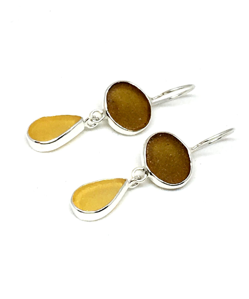 Light Brown and Amber Sea Glass Double Drop Earrings