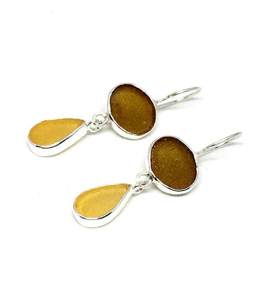 Light Brown and Amber Sea Glass Double Drop Earrings