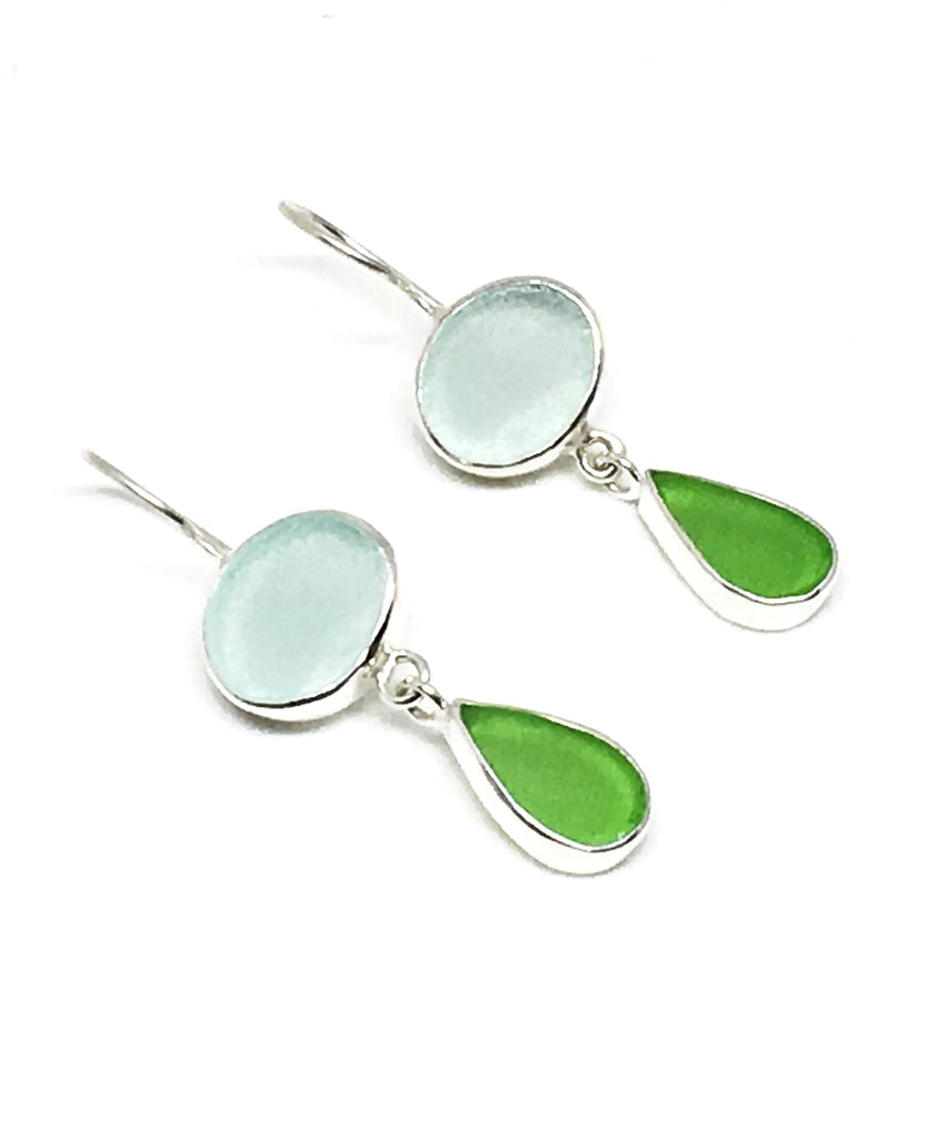 Light Aqua & Green Sea Glass Double Drop Earrings