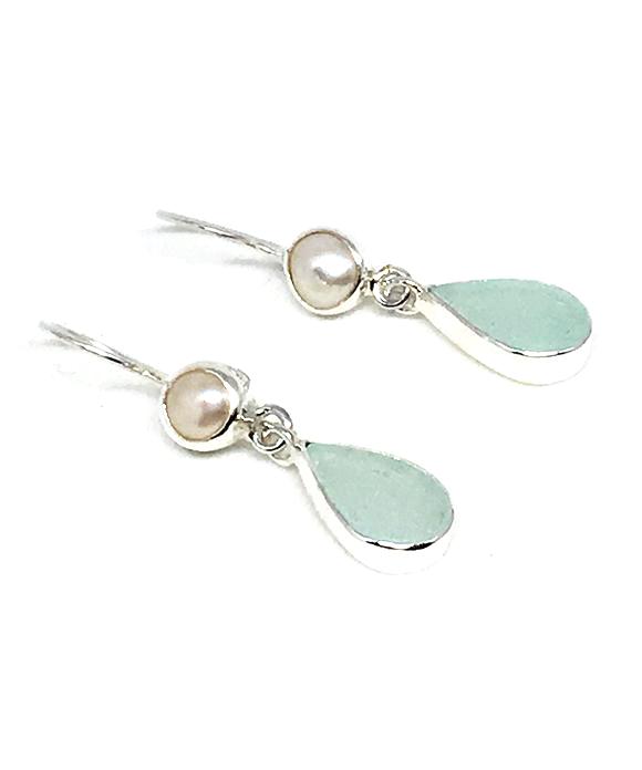 Coke Bottle Blue Sea Glass with Pearl Earrings