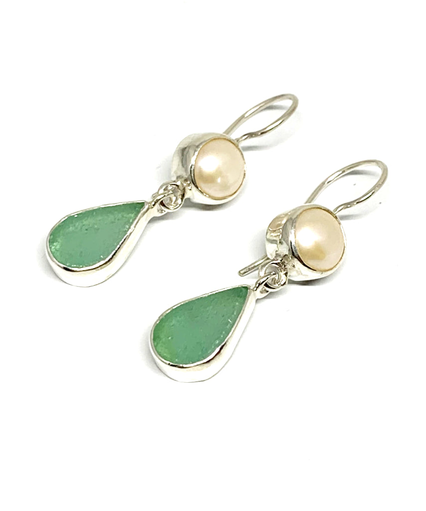 Greenish Aqua Sea Glass with Pearl Earrings Double Drop Earrings