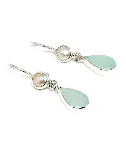 Coke Bottle Blue Sea Glass with Pearl Earrings