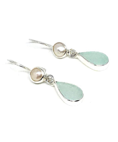 Coke Bottle Blue Sea Glass with Pearl Earrings