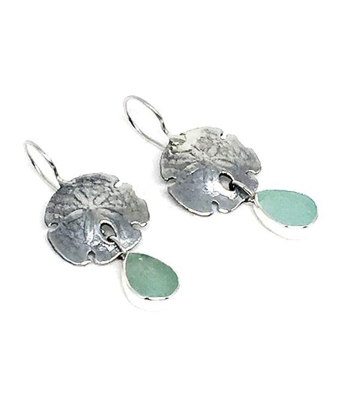 Cast Sterling Sand Dollar with Soft Aqua Sea Glass Double Drop Earrings