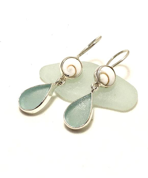 Coke Bottle Blue Sea Glass with Shiva Shell Earrings