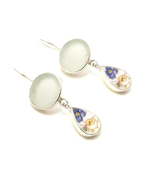 Clear Sea Glass & Blue and Yellow Floral Vintage Pottery Double Drop Earrings