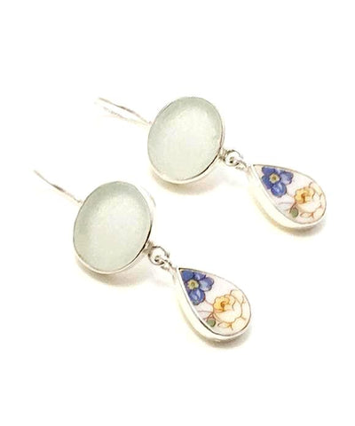 Clear Sea Glass & Blue and Yellow Floral Vintage Pottery Double Drop Earrings
