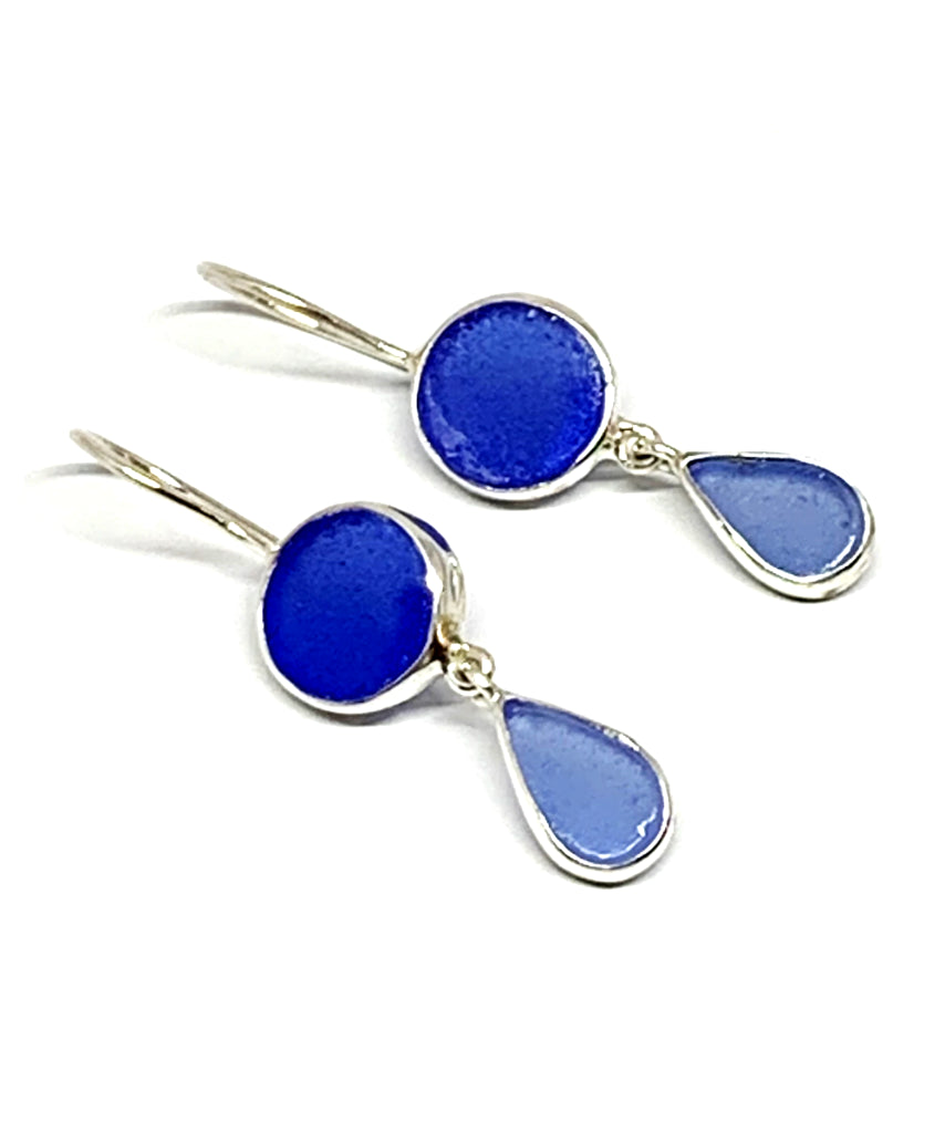 Cobalt & Blue Sea Glass Double Drop Earrings