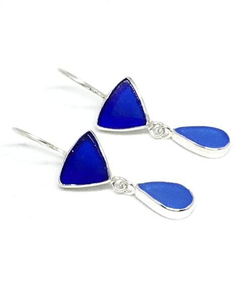 Dark Cobalt & Blue Sea Glass Double Drop Earrings