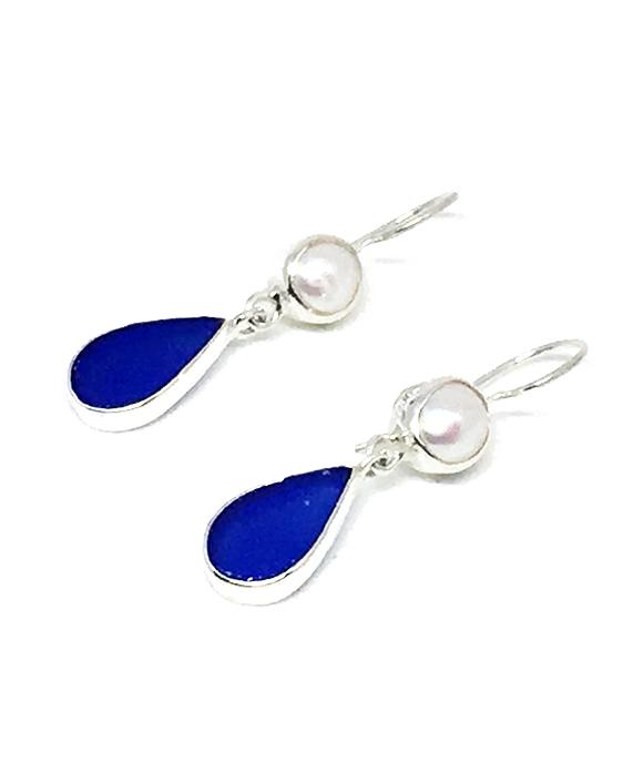 Cobalt Blue Sea Glass with Pearl Earrings