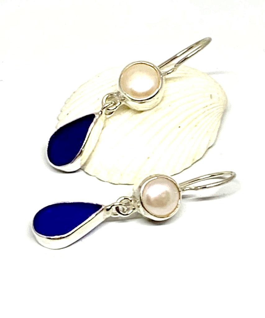 Cobalt Blue Sea Glass with Pearl Earrings Double Drop Earrings