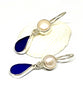 Cobalt Blue Sea Glass with Pearl Earrings Double Drop Earrings