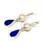 Cobalt Blue Sea Glass with Pearl Earrings Double Drop Earrings