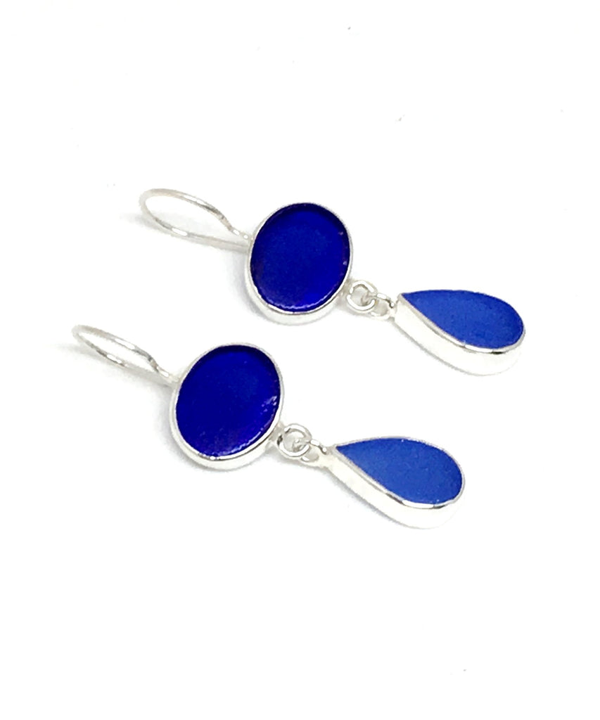 Oval Cobalt & Blue Drop Sea Glass Double Drop Earrings