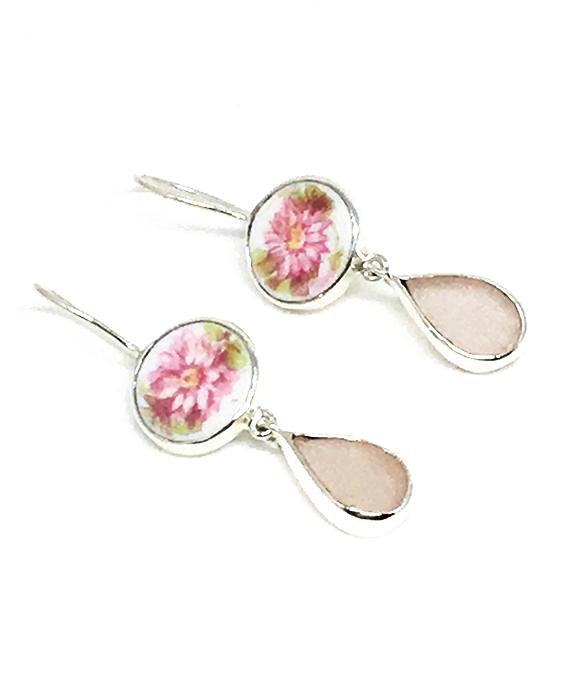 Pink Floral Vintage Pottery & Pink Sea Glass Double Drop Earrings