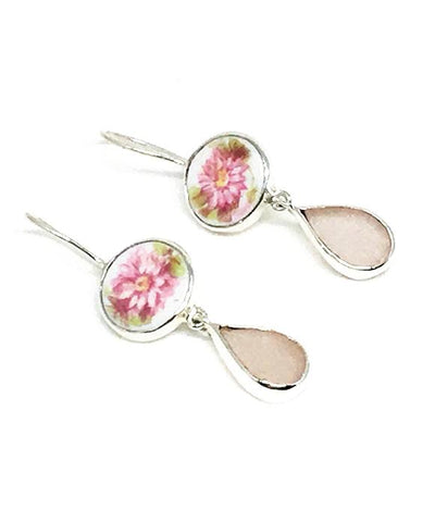 Pink Floral Vintage Pottery & Pink Sea Glass Double Drop Earrings