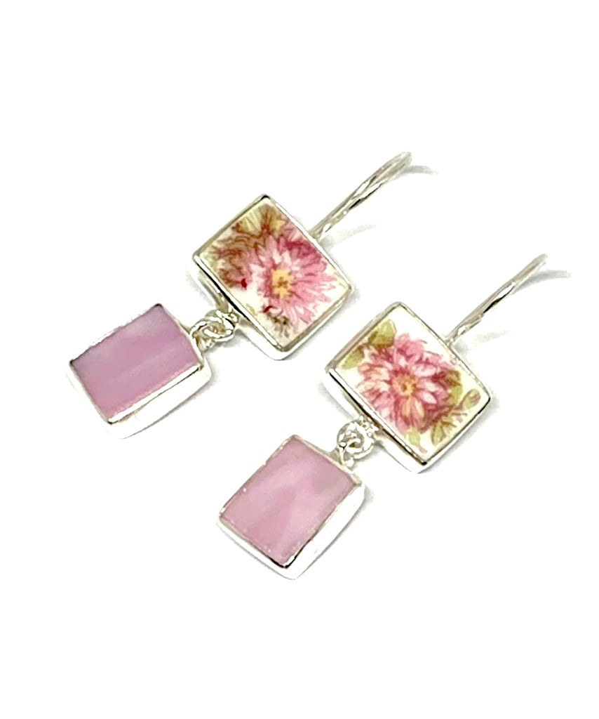 Pink Flower Vintage Pottery with Pink Stained Glass Double Drop Earrings