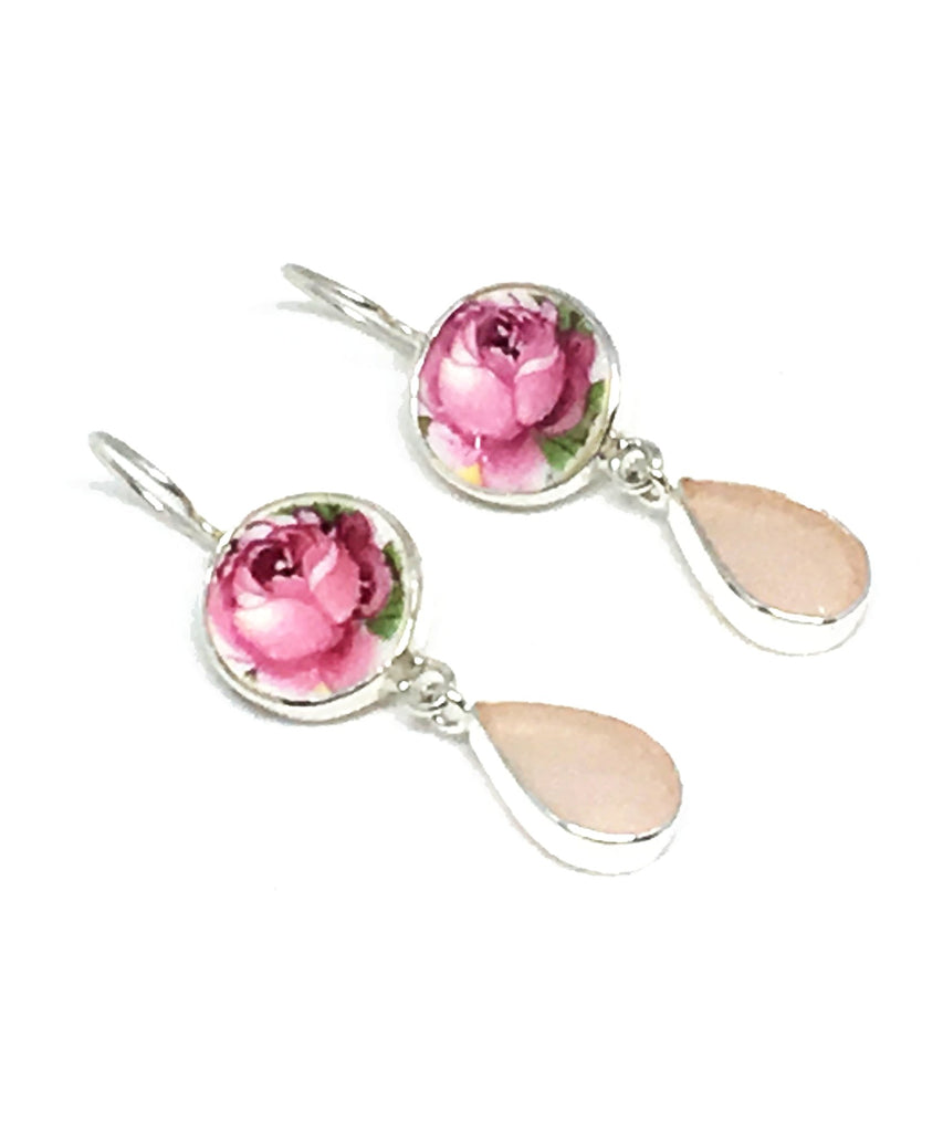 Pink Rose Vintage Pottery & Pink Sea Glass Double Drop Earrings