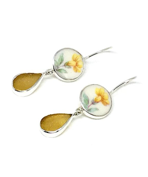 Yellow Flower Vintage Pottery & Amber Sea Glass Double Drop Earrings