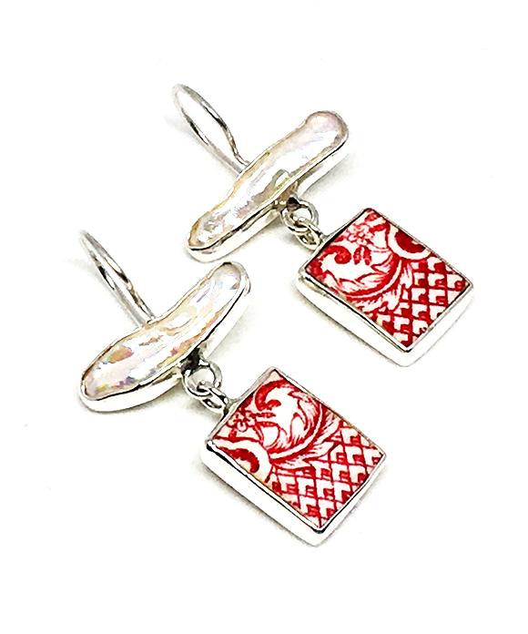 Red and White Vintage Pottery with White Biwa Pearl Double Drop Earrings
