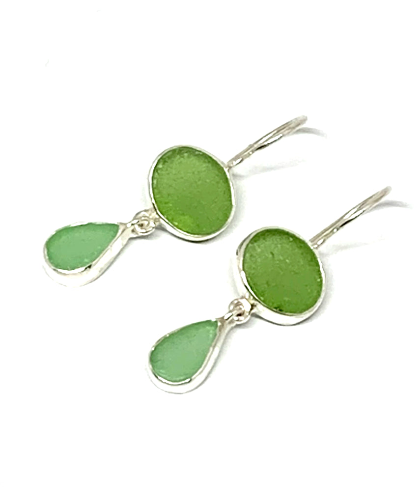 Green and Light Green  Sea Glass Double Drop Earrings