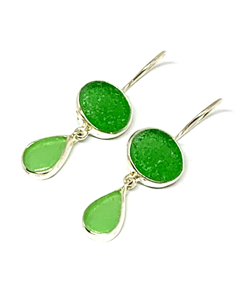 Green and Light Green Sea Glass Double Drop Earrings