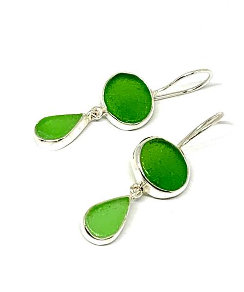Shades of Green Sea Glass Double Drop Earrings