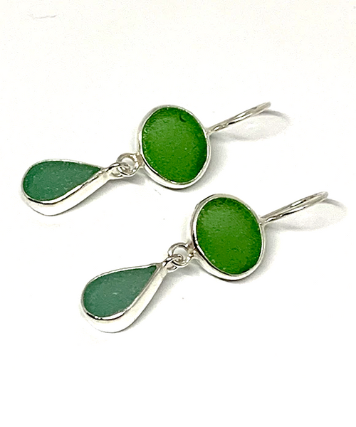 Green & Turquoise Sea Glass Double Drop Earrings