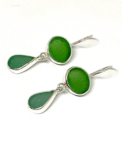 Green & Turquoise Sea Glass Double Drop Earrings