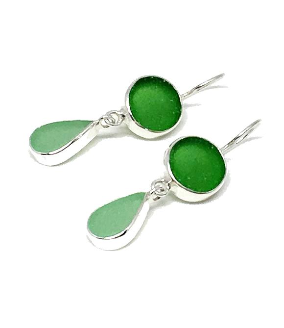 Green and Aqua Sea Glass Double Drop Earrings