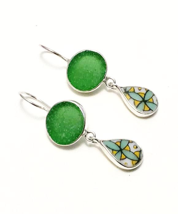 Green Sea Glass with Bold Green & Yellow Vintage Pottery Double Drop Earrings