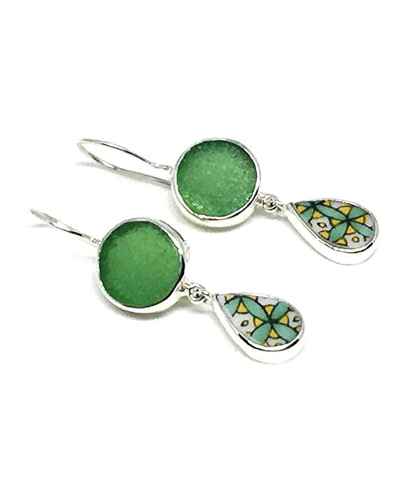 Green Sea Glass & Bold Vintage Pottery Double Drop Earrings