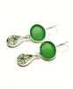 Green Sea Glass with Bold Green & Yellow Vintage Pottery Double Drop Earrings