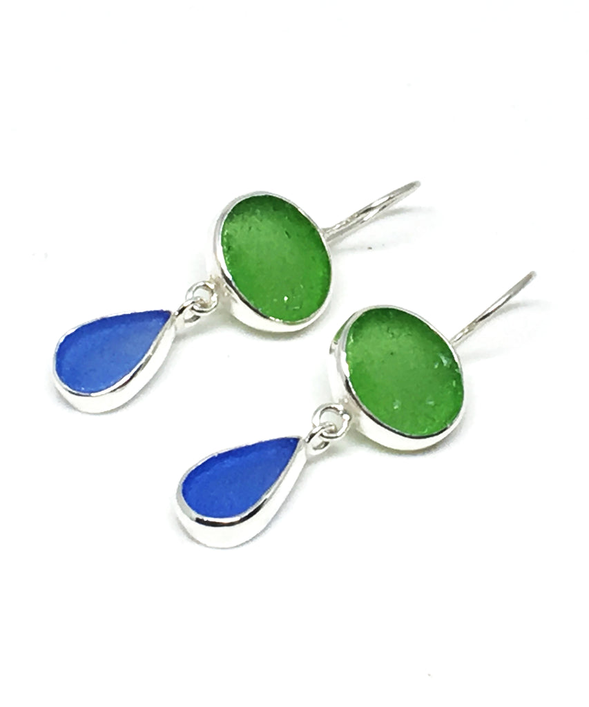 Green & Blue Sea Glass Double Drop Earrings