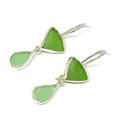 Bright Green & Aqua Sea Glass Double Drop Earrings