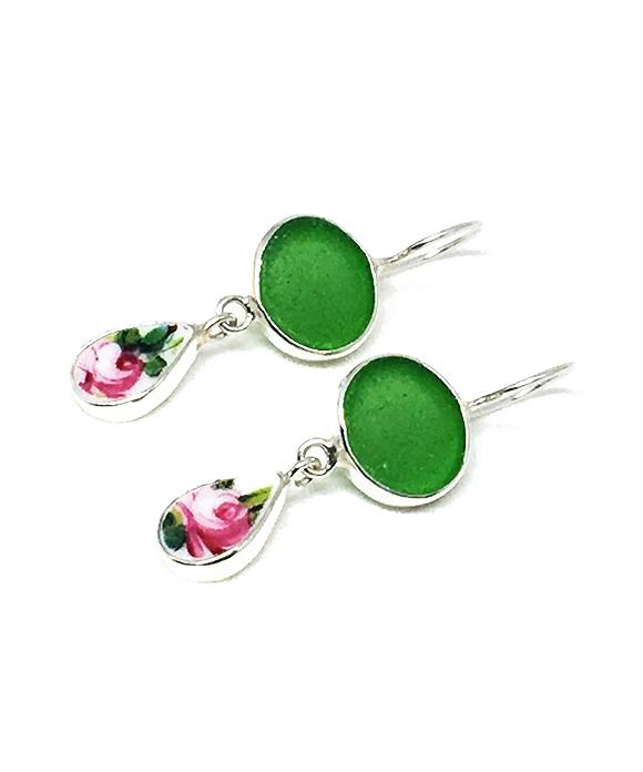Green Sea Glass and Pink Rose Floral Vintage Pottery Double Drop Earrings