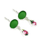 Green Sea Glass and Pink Rose Floral Vintage Pottery Double Drop Earrings