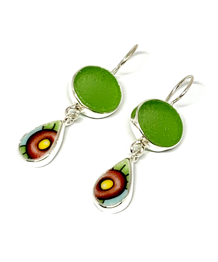 Green Sea Glass & Pink Flower Vintage Pottery Double Drop Earrings