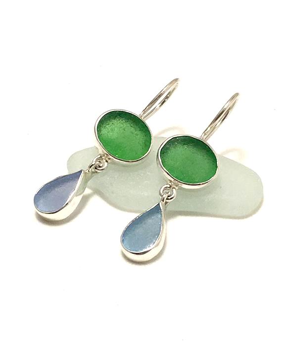 Green & Light Blue Sea Glass Double Drop Earrings