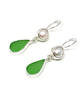 Green Sea Glass with Pearl Earrings Double Drop Earrings
