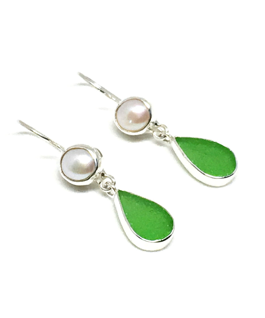 Green Sea Glass with Pearl Earrings Double Drop Earrings