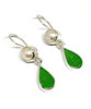 Green Sea Glass with Pearl Earrings Double Drop Earrings