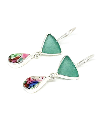 Bold Patterned Vintage Pottery & Dark Aqua Sea Glass Double Drop Earrings
